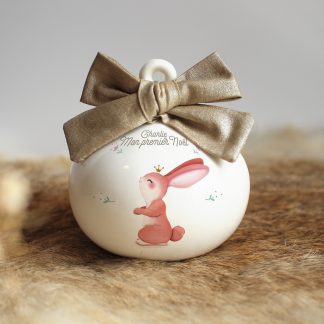 Boule de Noël en porcelaine lapin (prénom personnalisable)