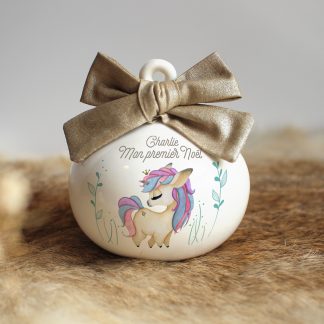 Boule de Noël en porcelaine licorne (prénom personnalisable)