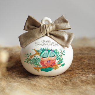 Boule de Noël en porcelaine chouette (prénom personnalisable)