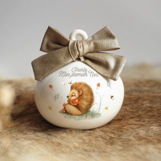 Boule de Noël en porcelaine hérisson (prénom personnalisable)