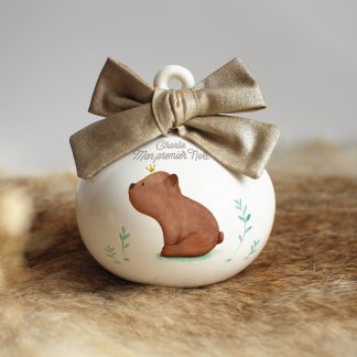 Boule de Noël en porcelaine ourson (prénom personnalisable)