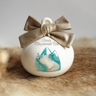 Boule de Noël en porcelaine ourson polaire (prénom personnalisable)
