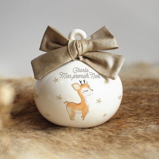 Boule de Noël en porcelaine renne (prénom personnalisable)
