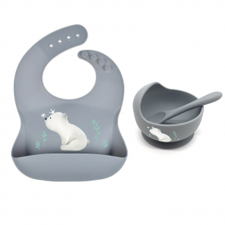 Set en silicone ourson polaire : un bavoir avec réceptacle, un betit bol et une cuillère.