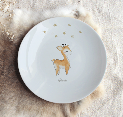 Assiette en porcelaine renne avec étoiles et prénom personnalisable