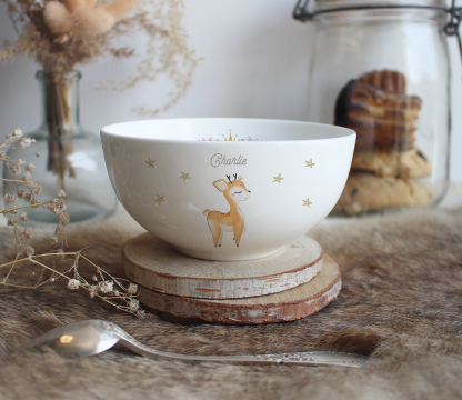 Petit bol en porcelaine renne avec étoiles et prénom personnalisable