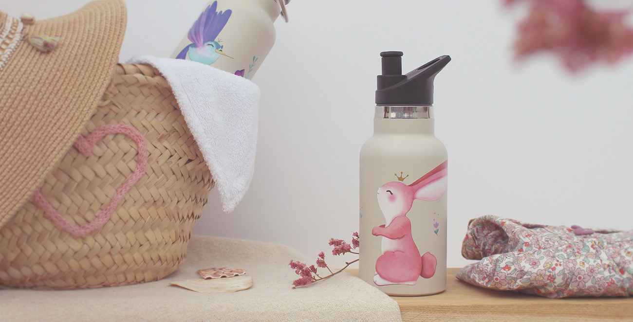 cadeaux illustrés : gourdes lapin rose et colibri