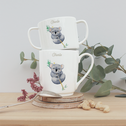 mug et tasse koala sur sa branche renard avec végétation autour et prénom personnalisable