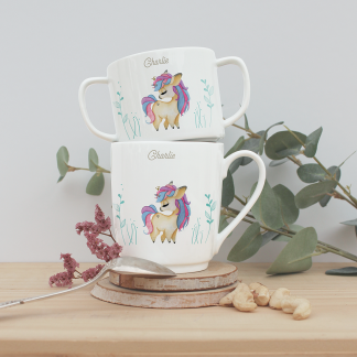 mug et tasse licorne avec végétation autour et prénom personnalisable