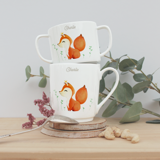 mug et tasse renard avec végétation autour et prénom personnalisable