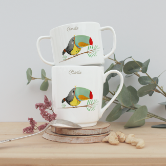 mug et tasse toucan sur sa branche avec prénom personnalisable